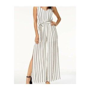 One Clothing Crepe High Slit Wide Leg Striped Tank Jumpsuit Black & Ivory Size M